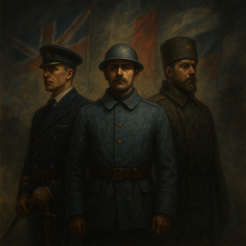 Representación simbólica de la Triple Entente con soldados de Reino Unido, Francia y Rusia, frente común en la Primera Guerra Mundial