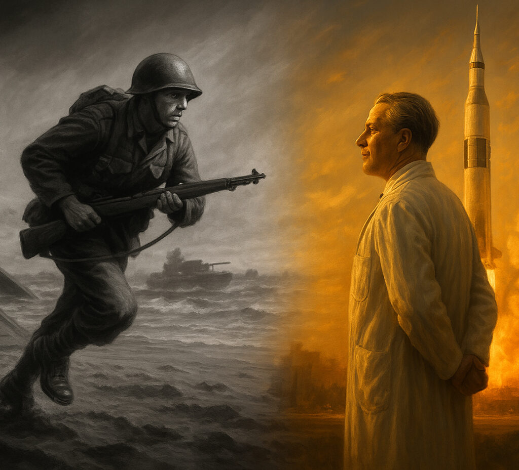 Pintura al óleo que muestra la transición del Día D a la era espacial, con un soldado aliado en blanco y negro corriendo por la playa de Normandía y un ingeniero alemán observando el lanzamiento de un cohete.