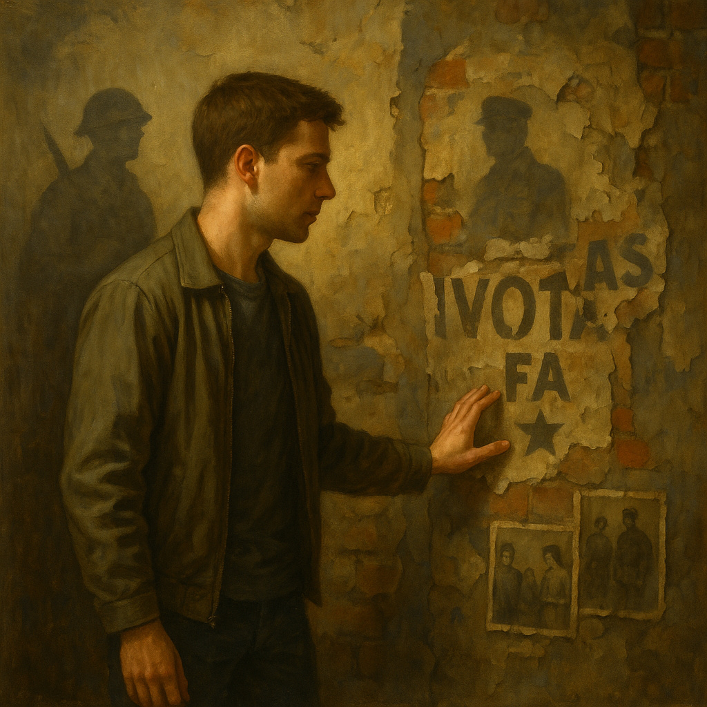 Joven español tocando un muro envejecido con carteles rotos, sombras de soldados y fotografías antiguas, simbolizando la memoria y el legado de la Guerra Civil Española.