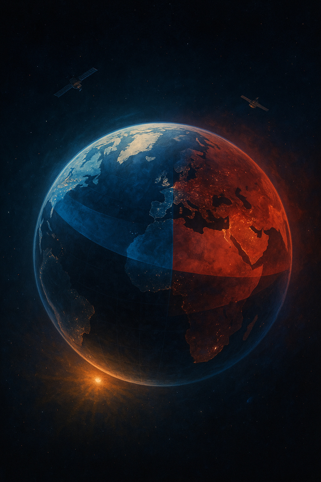 Pintura de la Tierra desde el espacio con sombras azul y roja y satélites orbitando, simbolizando la influencia persistente de la Guerra Fría en el orden mundial.