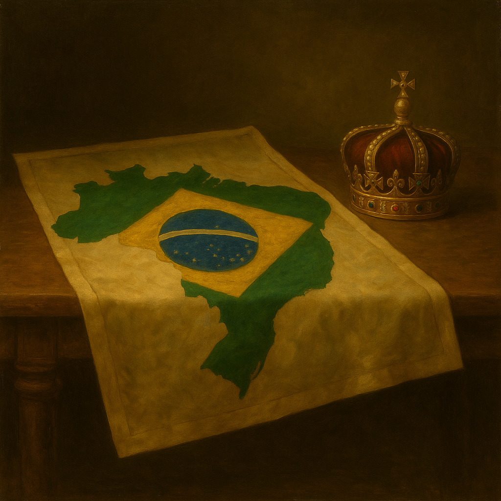 Mapa artístico de Brasil con los colores nacionales, simbolizando la unidad territorial y el legado del Imperio.