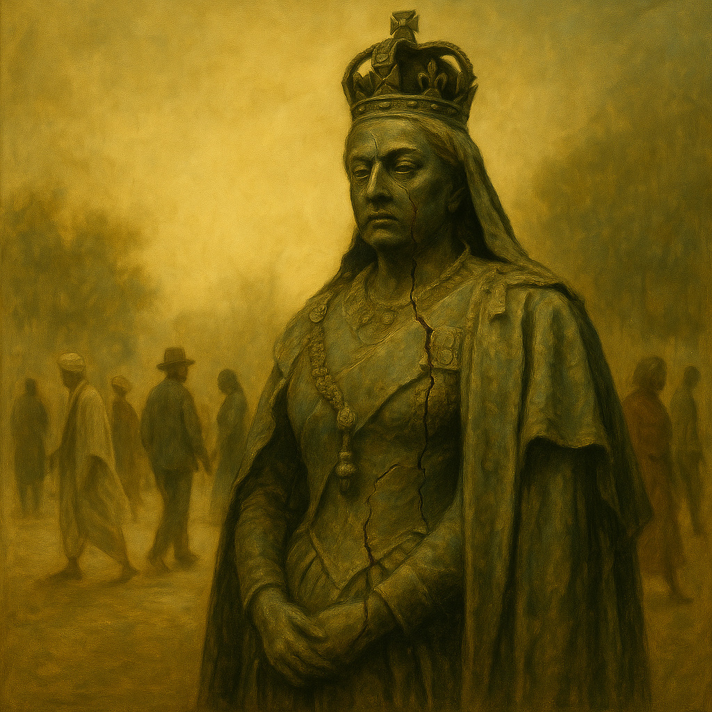 Estatua de la Reina Victoria agrietada, con figuras coloniales difuminadas caminando en direcciones opuestas al fondo.