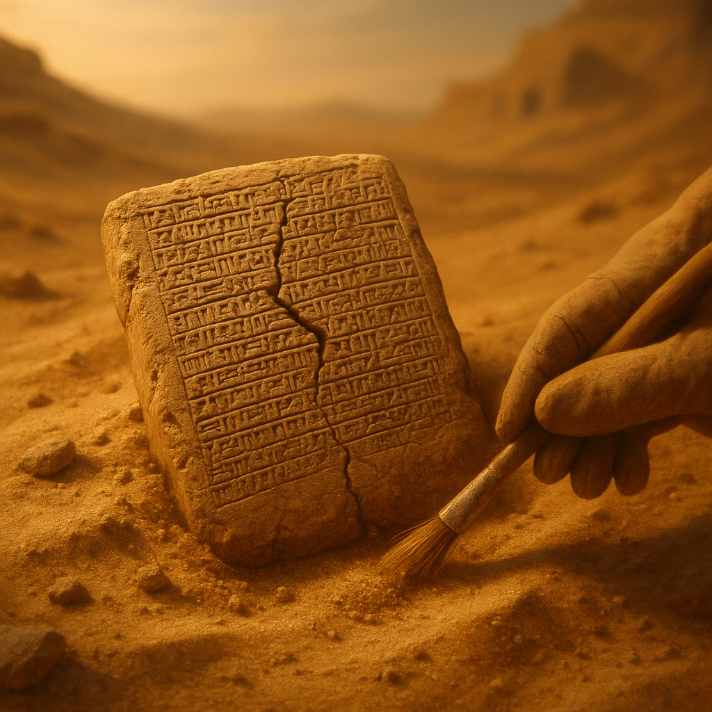 Una antigua tablilla cuneiforme de arcilla emerge de entre las arenas cálidas del desierto, parcialmente desenterrada por una mano humana. La escena simboliza el redescubrimiento del conocimiento mesopotámico milenario. Fragmentos de piedra y polvo rodean la pieza arqueológica, evocando el legado eterno de la primera gran civilización.
