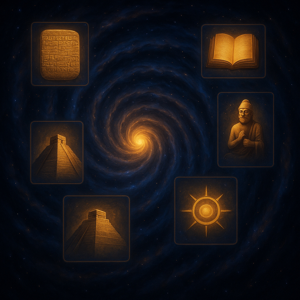 Representación simbólica del legado mesopotámico flotando en una espiral cósmica, con íconos como tablillas cuneiformes, zigurats y símbolos astronómicos.