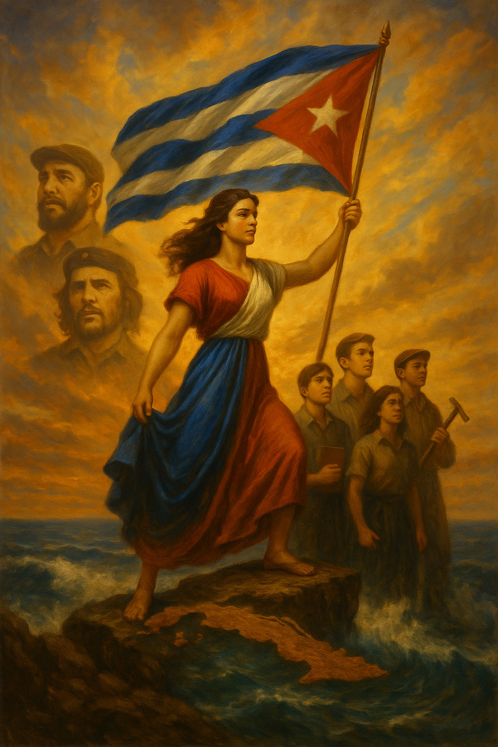 Alegoría de la Revolución Cubana, con una mujer ondeando la bandera, jóvenes al frente y los rostros de Fidel Castro y Che Guevara en el fondo.