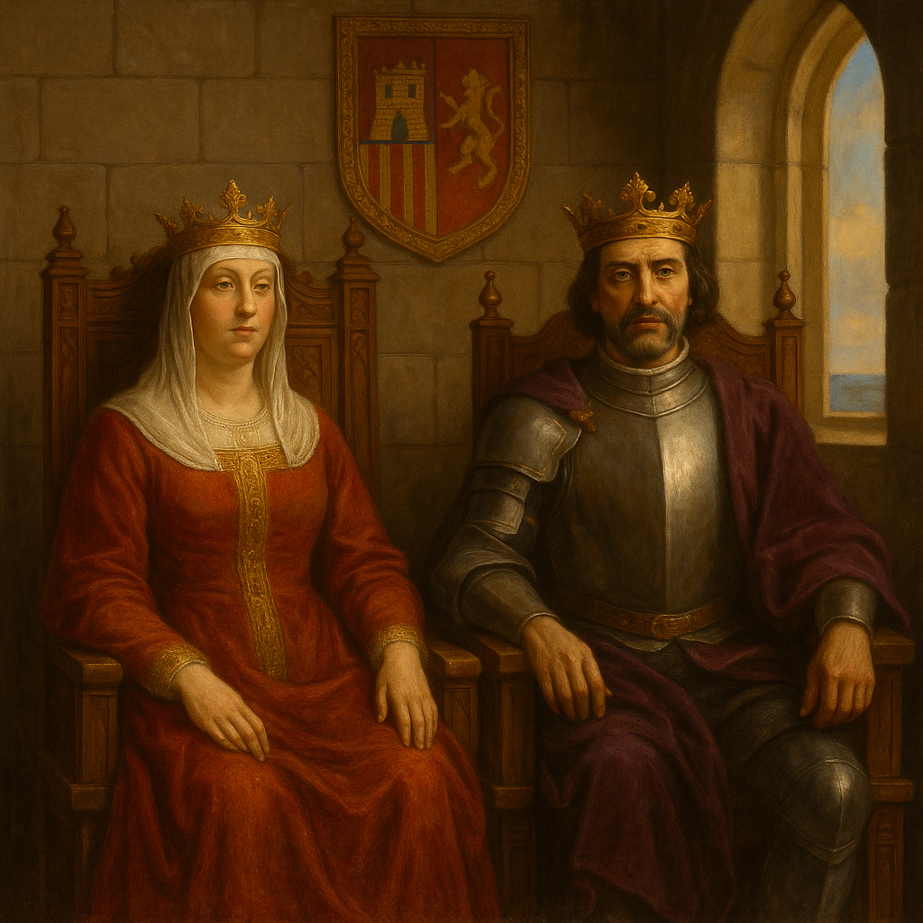 Los Reyes Católicos Isabel y Fernando sentados en sus tronos en una sala del palacio real.