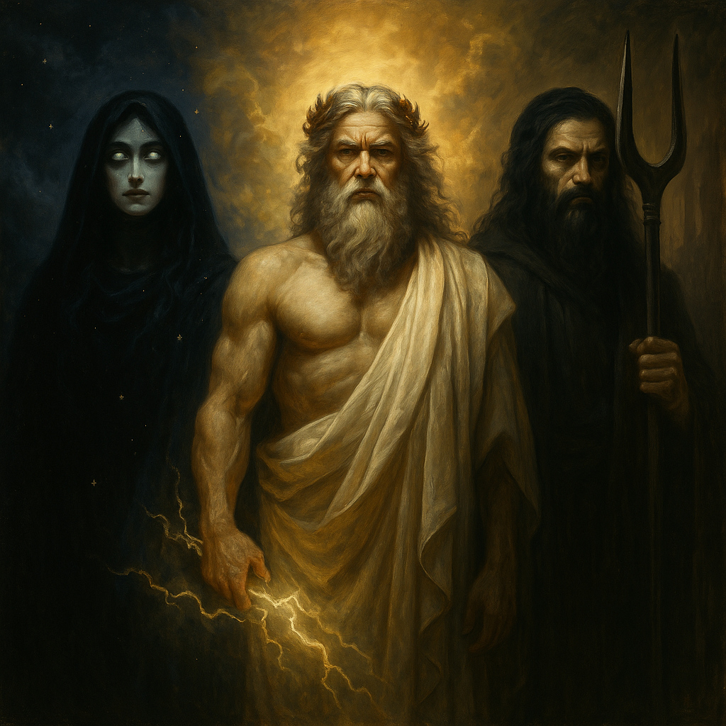 Ilustración mitológica de tres dioses griegos representando las tres categorías divinas: Nyx como diosa primordial de la noche, Zeus como dios olímpico del cielo y el rayo, y Hades como dios ctónico del inframundo, todos de pie uno junto al otro en una escena simbólica del equilibrio cósmico.