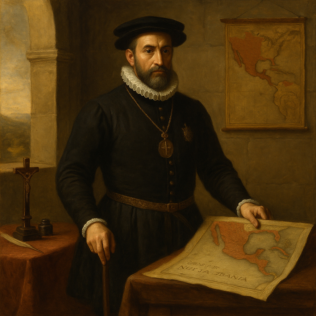 Pintura al óleo renacentista que muestra al virrey Luis de Velasco de pie junto a un mapa del Virreinato de la Nueva España, iluminado por una luz cálida en su despacho imperial.