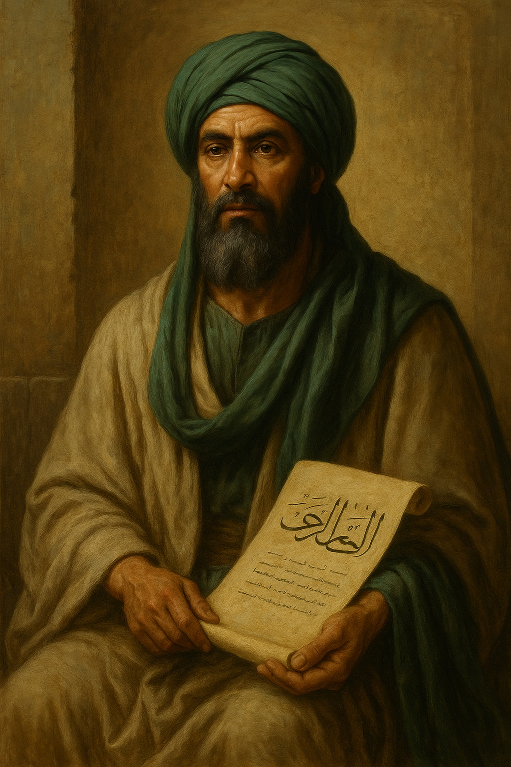 Retrato artístico de Mahoma sosteniendo un pergamino, representado como figura central en estilo realista oriental, con turbante verde y túnica beige.