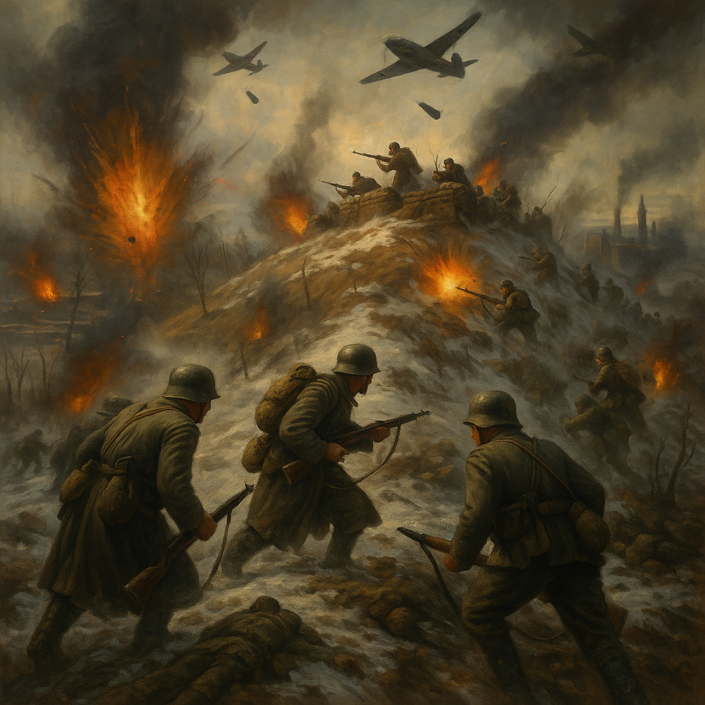 Soldados alemanes asaltan Mamayev Kurgan bajo fuego soviético durante la Batalla de Stalingrado, con explosiones y aviones bombardeando.