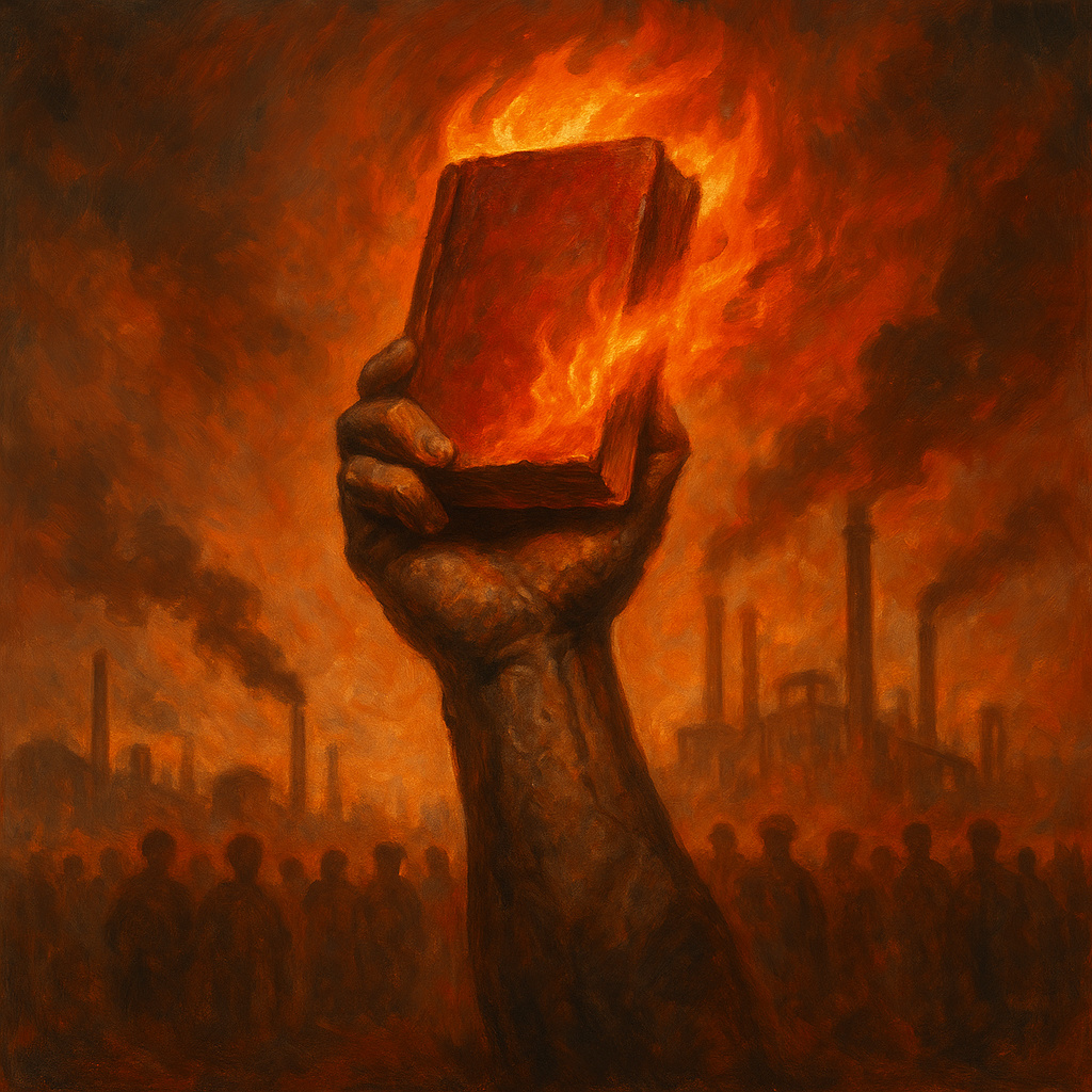 Mano simbólica de hierro sosteniendo un libro ardiente sobre un fondo industrial, representando el Manifiesto Comunista como llama ideológica de la revolución