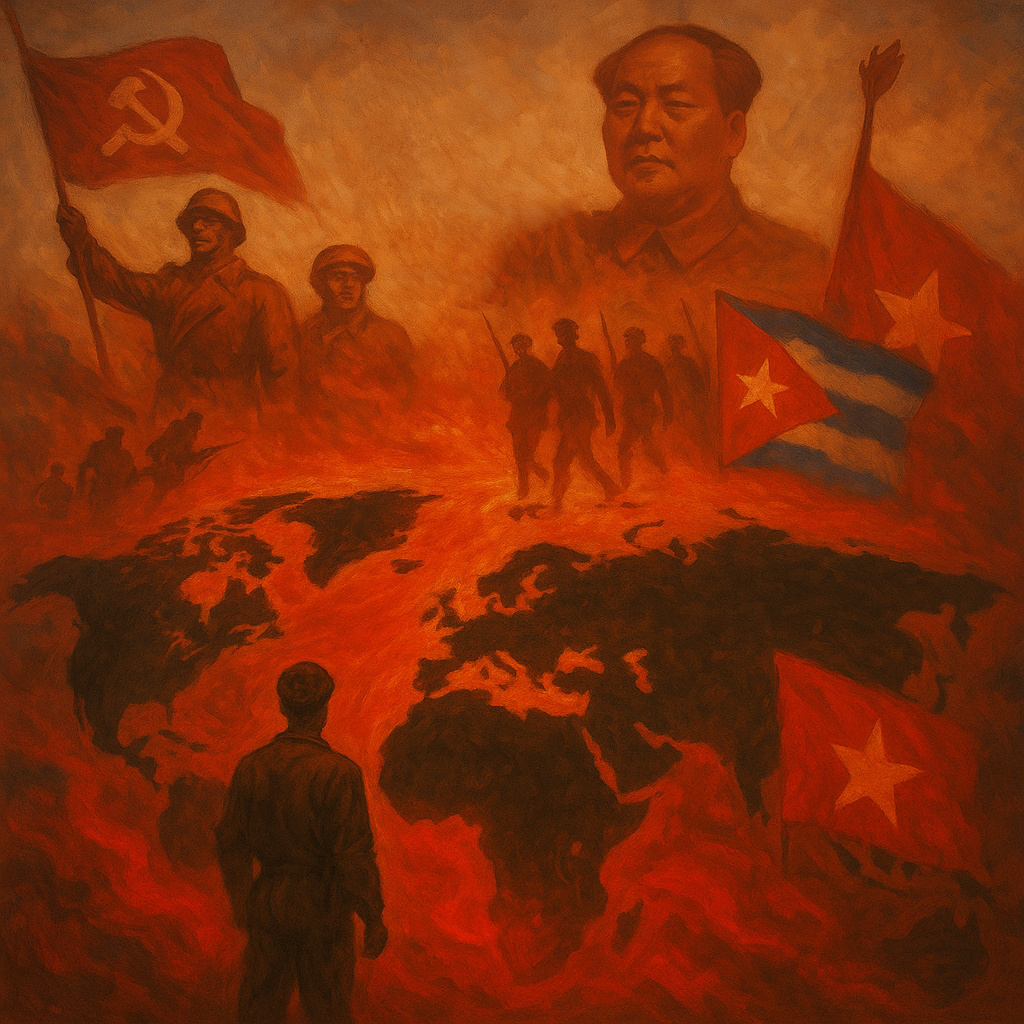Mapa del mundo cubierto por una bruma roja con siluetas de líderes y movimientos socialistas, representando la expansión global del socialismo en el siglo XX