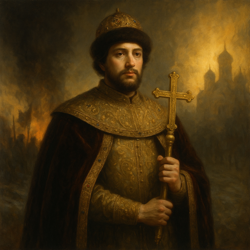 Retrato épico de Miguel Romanov como primer zar de la dinastía Romanov durante el resurgimiento de Rusia.