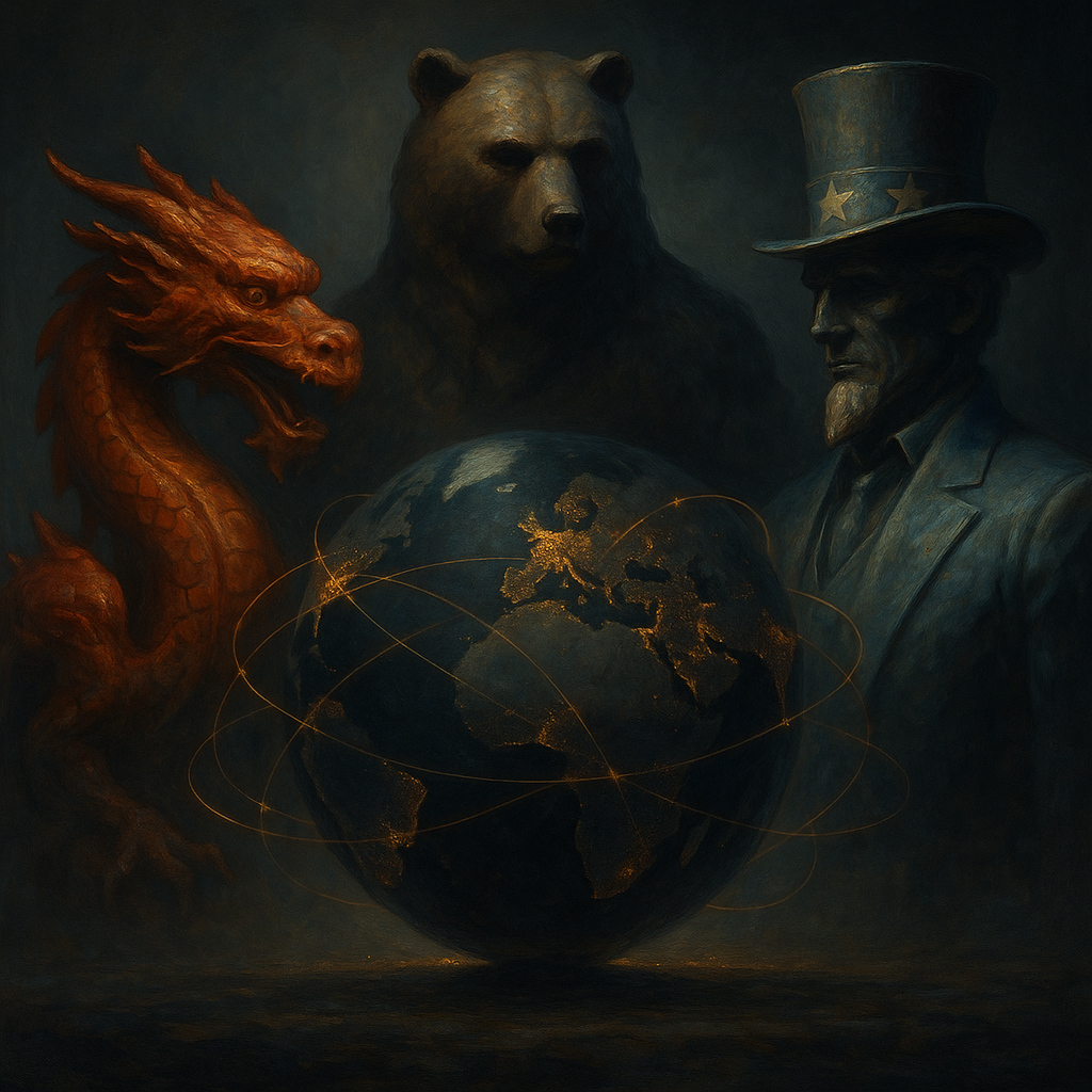 Pintura editorial con un globo terráqueo rodeado por figuras simbólicas de Estados Unidos, Rusia y China como sombras de poder global tras la Guerra Fría.
