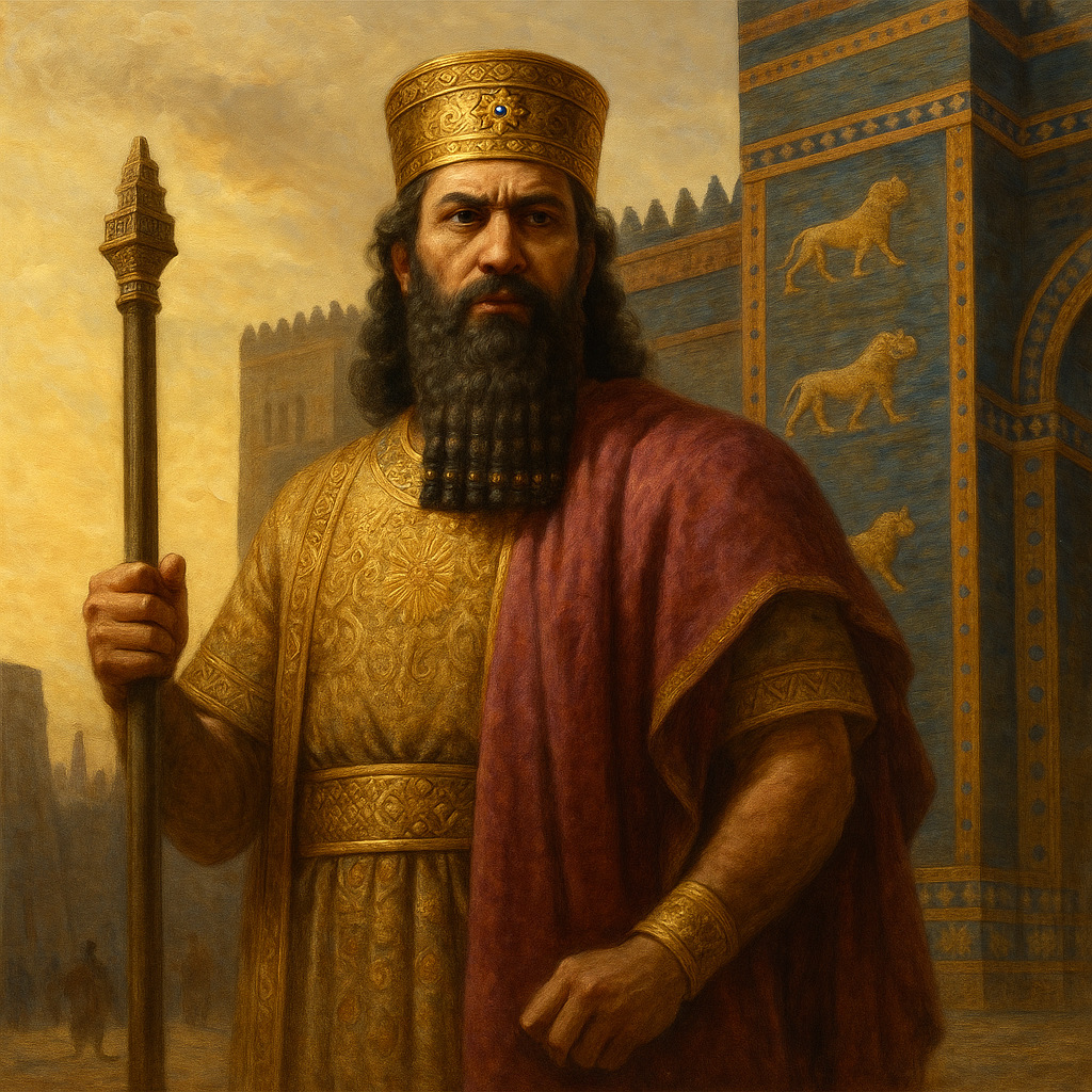 Pintura al óleo realista de Nabucodonosor II con vestimenta dorada y púrpura, sosteniendo un cetro, de pie frente a la Puerta de Ishtar adornada con relieves de leones dorados bajo una luz dorada de atardecer.