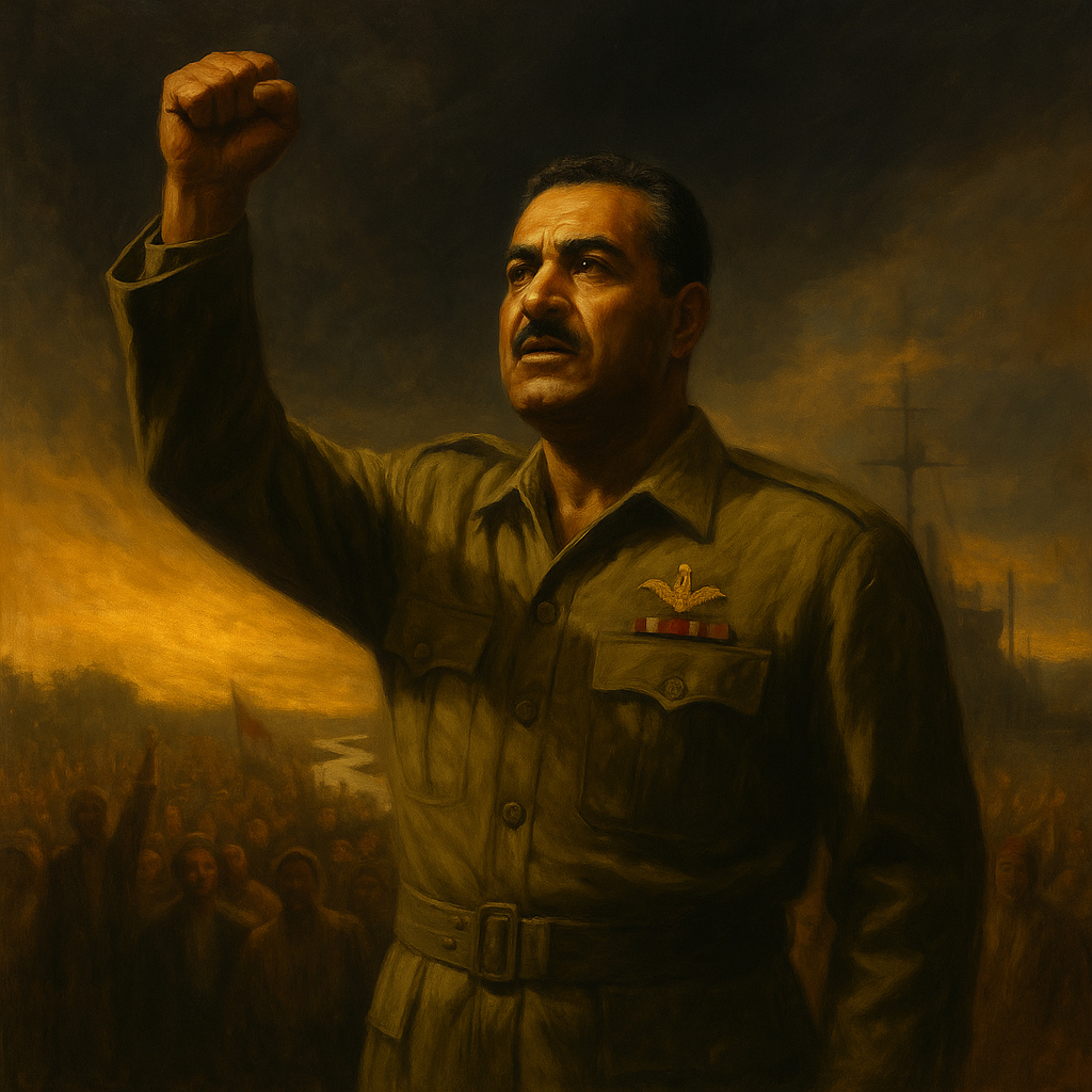 Pintura al óleo de Gamal Abdel Nasser en El Cairo, símbolo del fin del Imperio Británico tras la crisis de Suez.