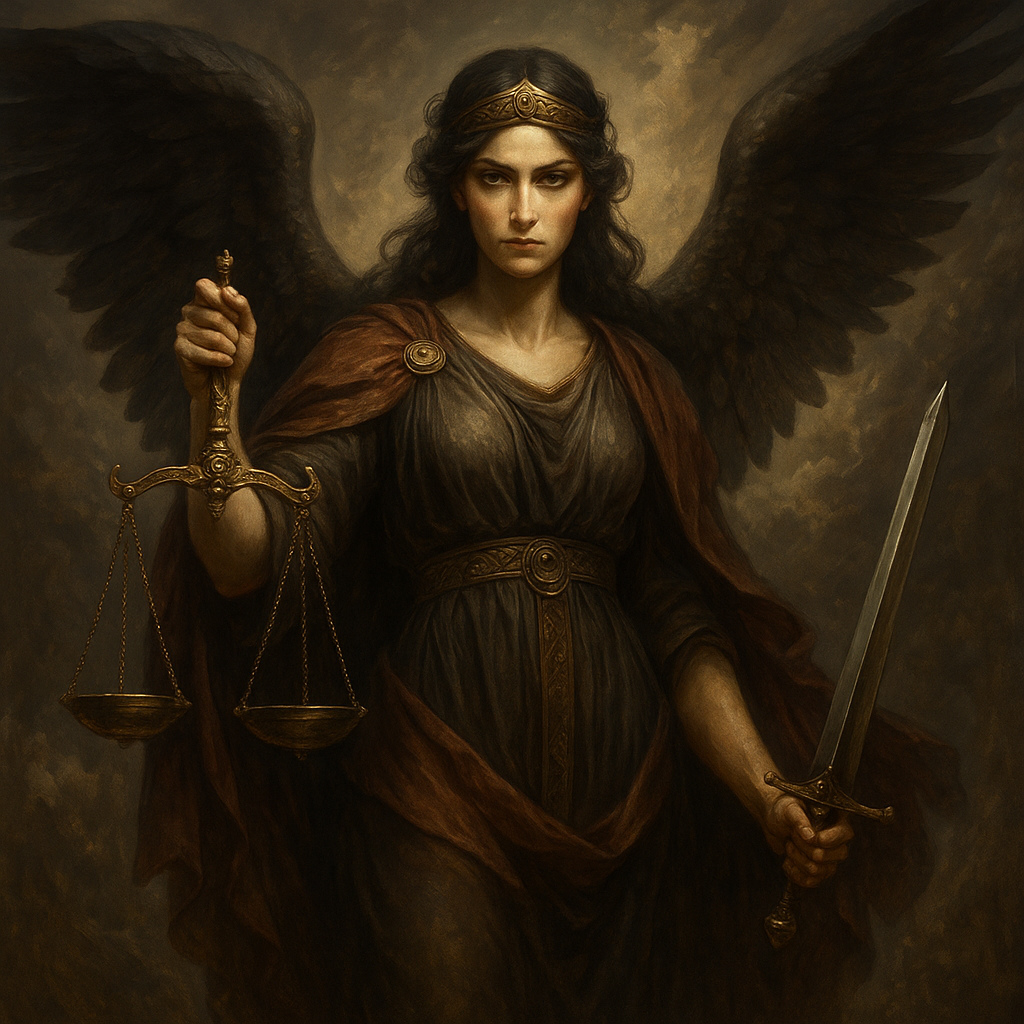 Pintura digital realista de Némesis, la diosa griega de la justicia retributiva, representada con una mirada severa, una balanza en una mano y una espada en la otra, rodeada de un aura oscura que simboliza la venganza divina.