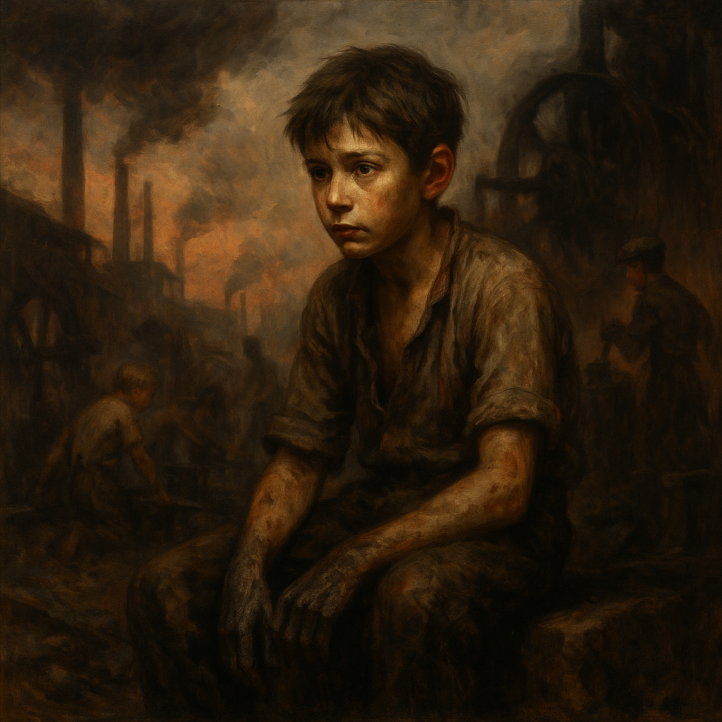 Niño obrero exhausto en una fábrica industrial con humo y maquinaria, representando las causas del surgimiento del socialismo