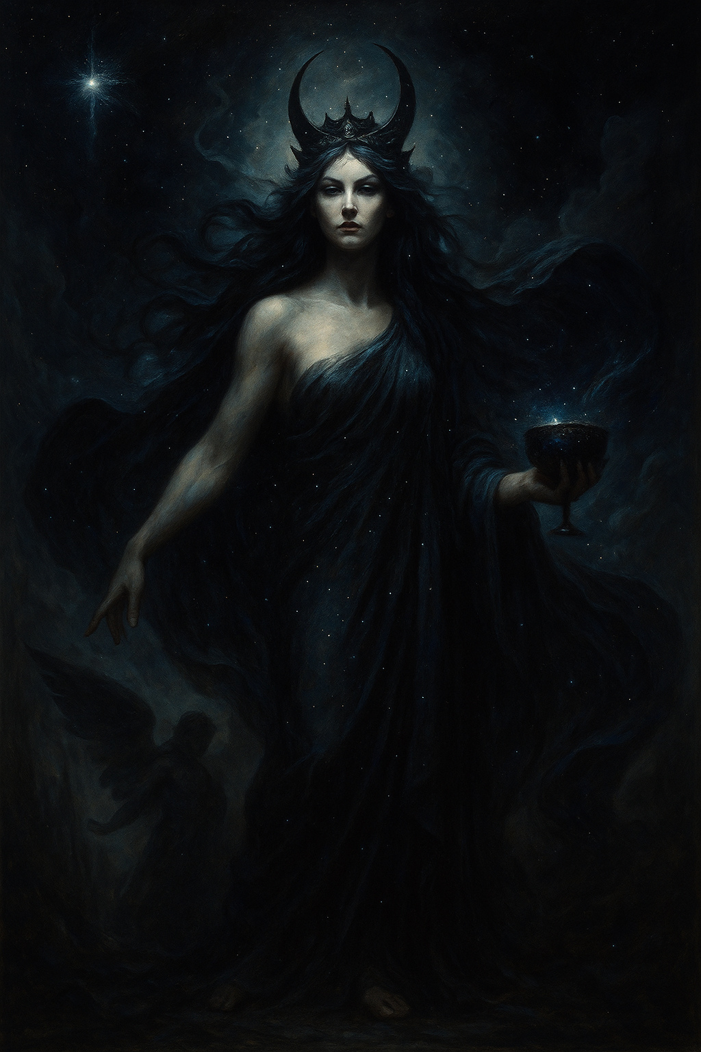 Ilustración mitológica realista de Nyx, diosa griega de la noche, envuelta en un manto estrellado con corona celestial y copa brillante, en un paisaje cósmico oscuro.