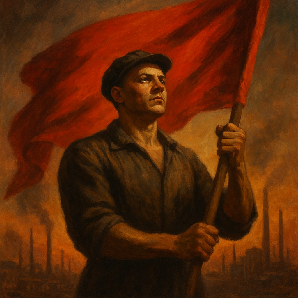 Obrero levantando una bandera roja frente a fábricas industriales, símbolo de los pilares del socialismo