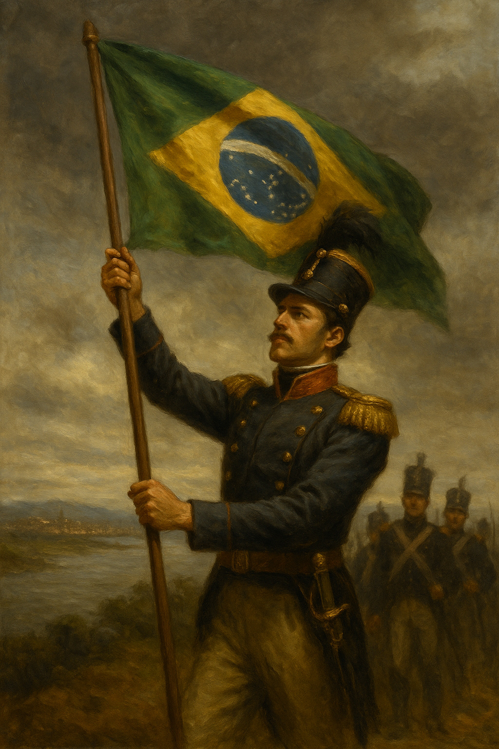 Oficial brasileño en uniforme imperial iza la bandera del Imperio en Montevideo, 1821, con soldados difuminados en segundo plano.