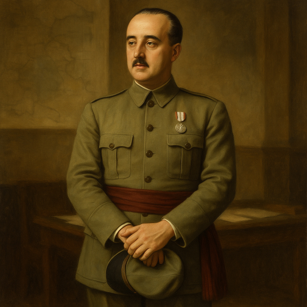General Francisco Franco, posando de pie con uniforme verde, fajín oscuro y gorra en la mano, en un despacho con un mapa difuminado al fondo.