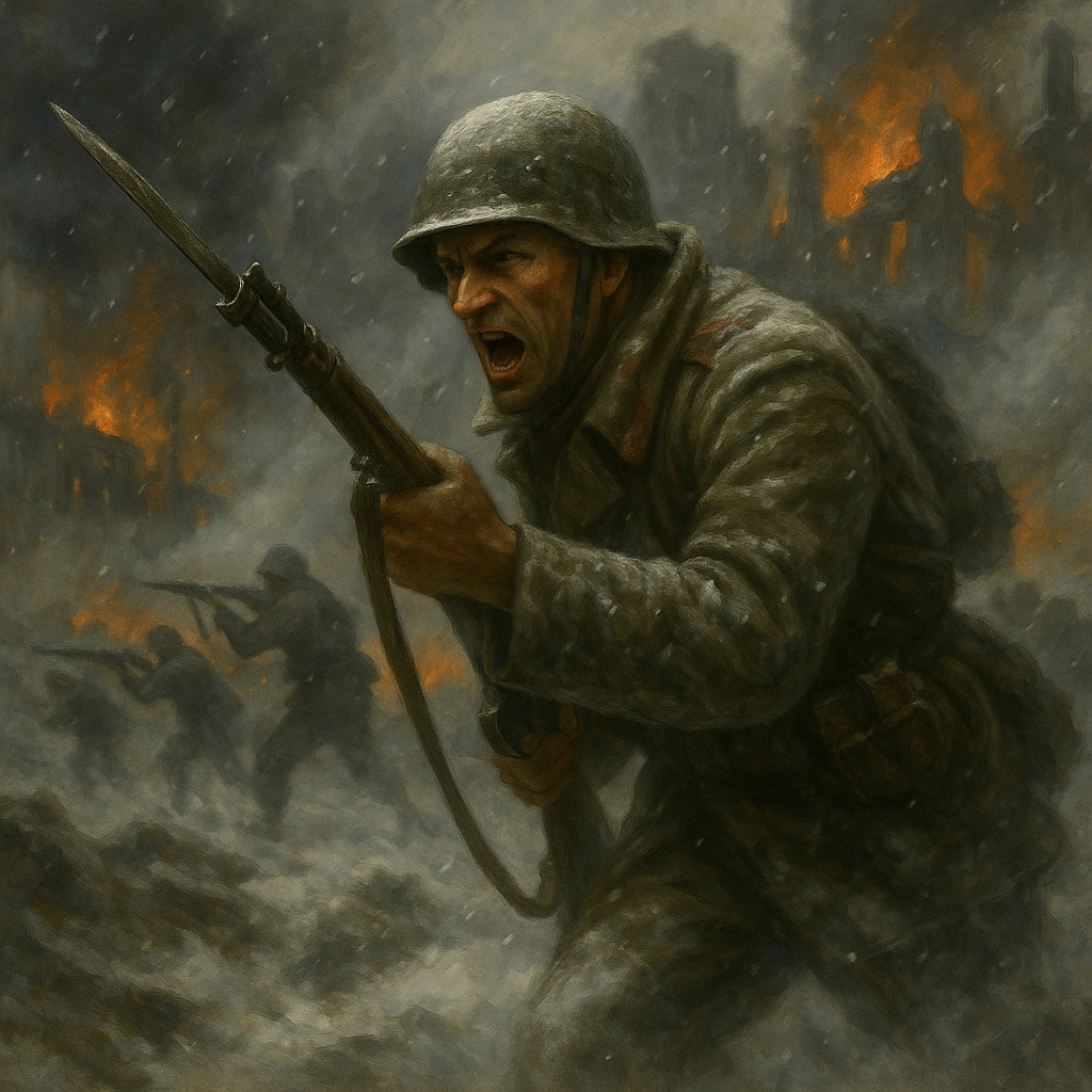 Soldado soviético avanzando entre escombros en la Operación Anillo, asedio final de Stalingrado.