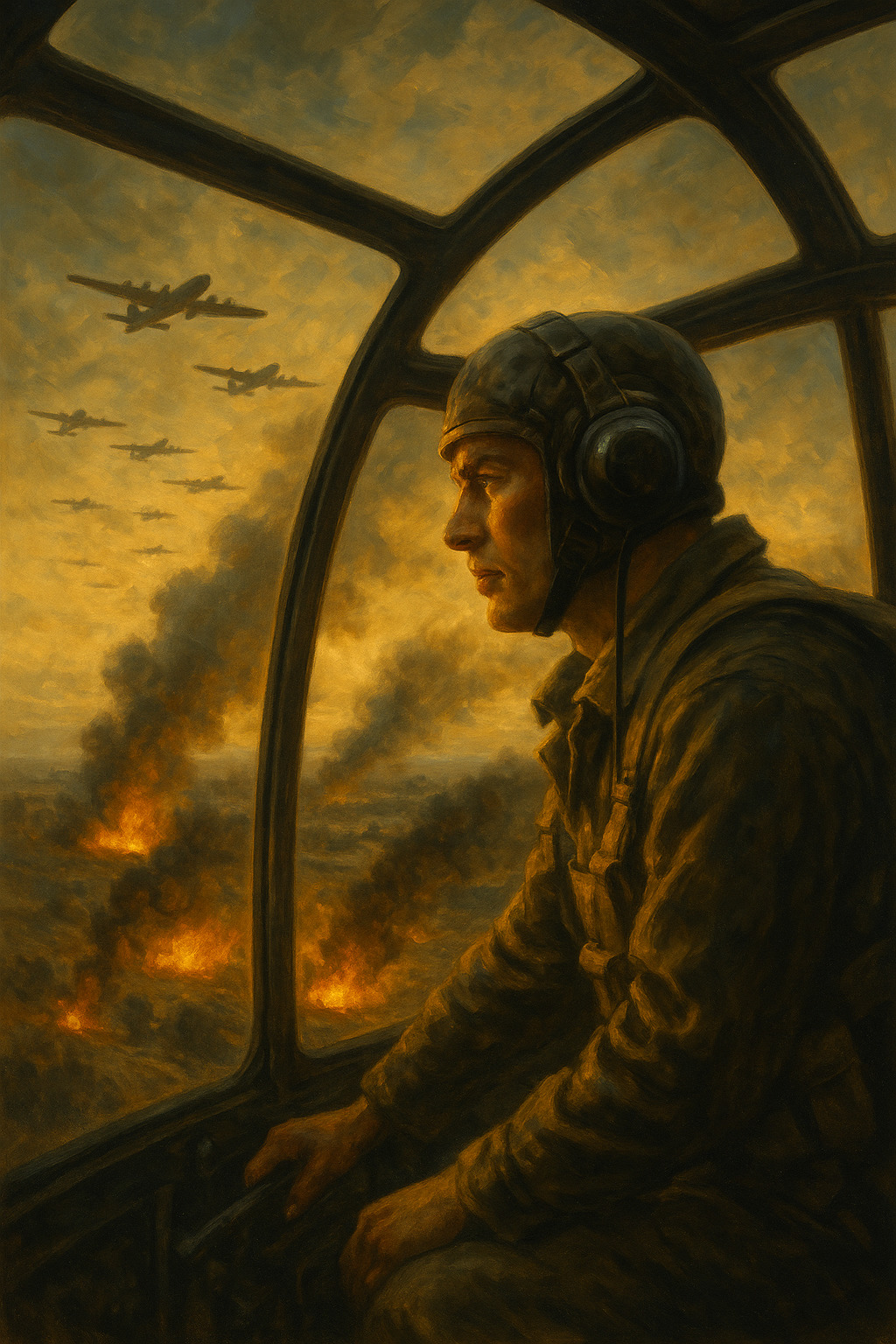 Piloto aliado dentro de un bombardero durante la Operación Cobra, con formaciones aéreas y explosiones en la distancia sobre Normandía.