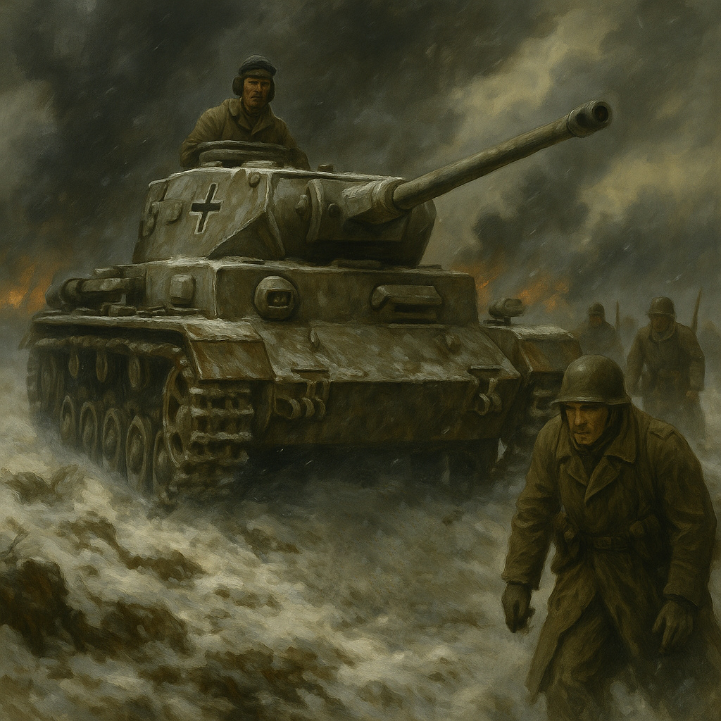 Tanque Panzer IV alemán avanzando en la nieve durante la Operación Tormenta de Invierno en Stalingrado, bajo fuego soviético.