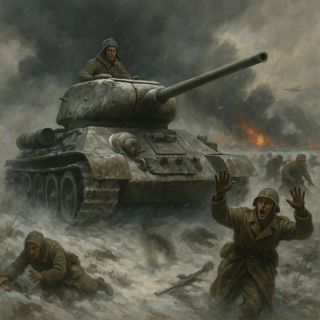 Tanque soviético T-34 avanzando bajo la nieve en la Operación Urano, con soldados rumanos en retirada durante la Batalla de Stalingrado.