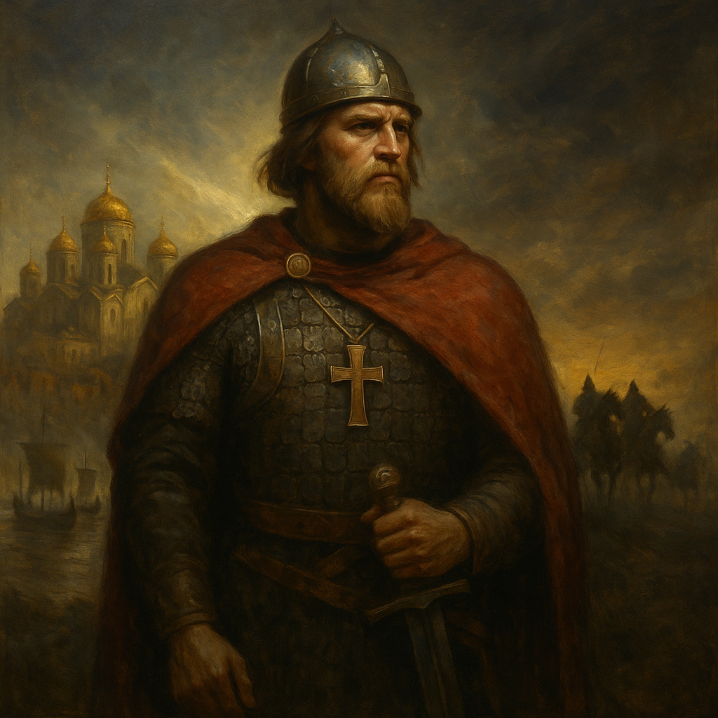 Príncipe varego simbolizando el origen de Rusia entre la Rus de Kiev y la invasión mongola, pintura histórica al óleo
