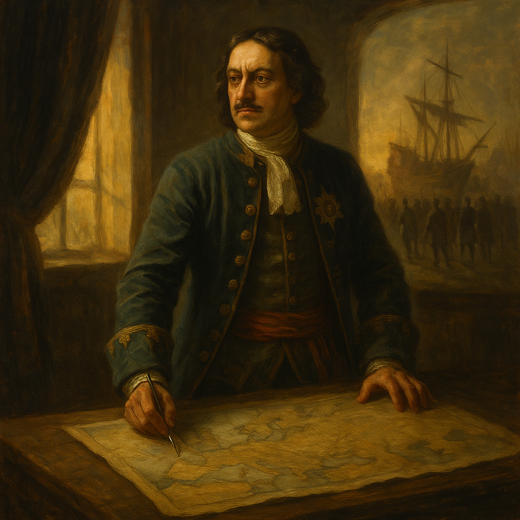 Pedro el Grande analizando un mapa de Europa mientras planifica la modernización de Rusia, pintura histórica al óleo.
