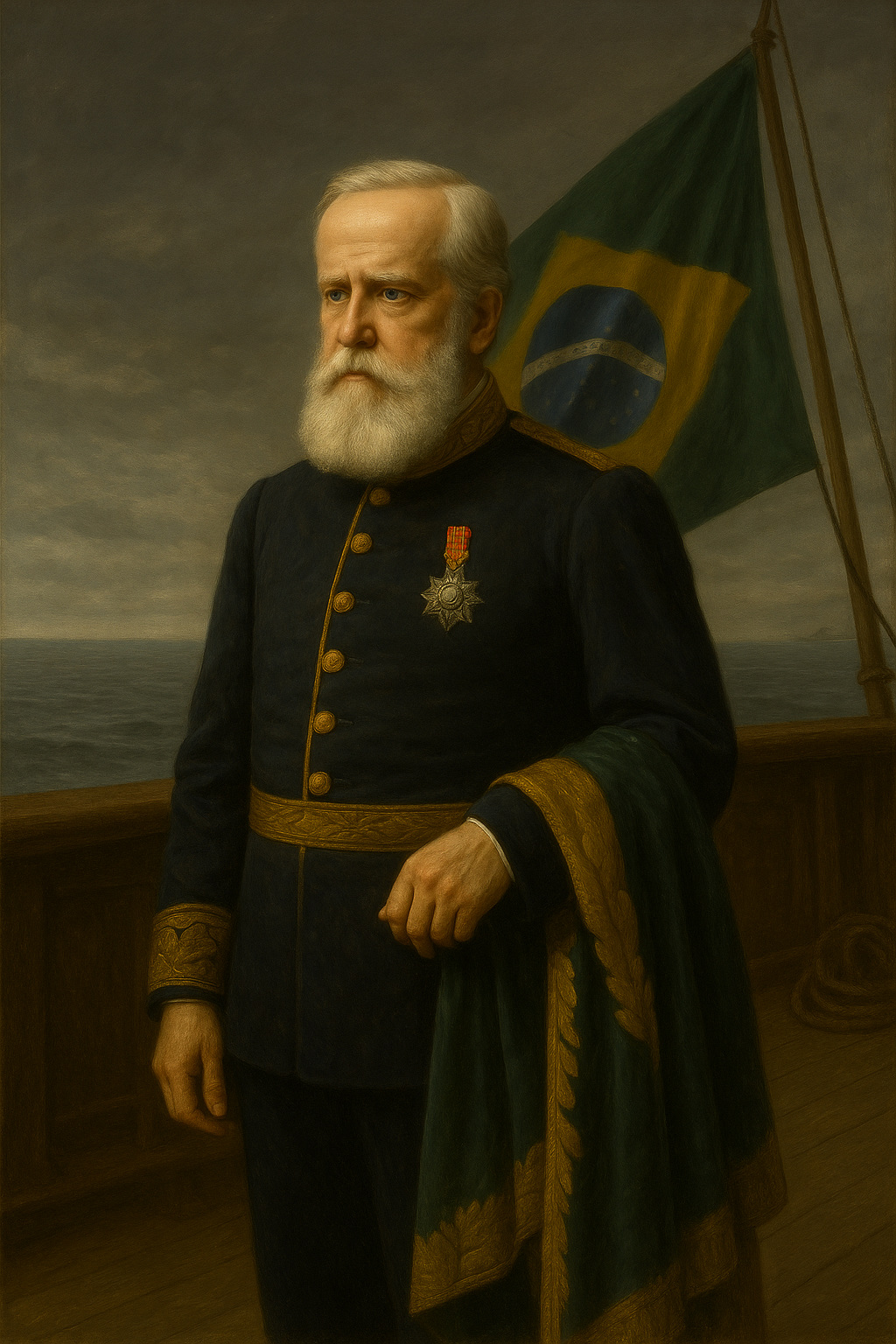 Retrato realista de Pedro II en el exilio, vestido con atuendo sobrio, símbolo del final del Imperio de Brasil.