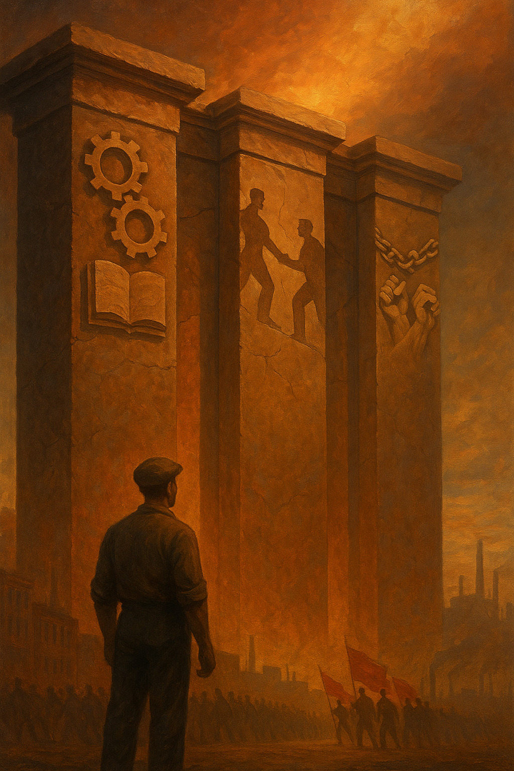 Obrero observando tres pilares monumentales con símbolos del marxismo, representando materialismo histórico, lucha de clases y fin de la propiedad privada