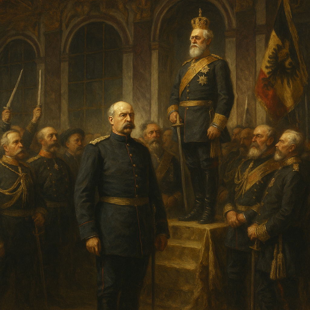 Otto von Bismarck y Guillermo I durante la proclamación del Imperio Alemán en el Salón de los Espejos de Versalles en 1871.