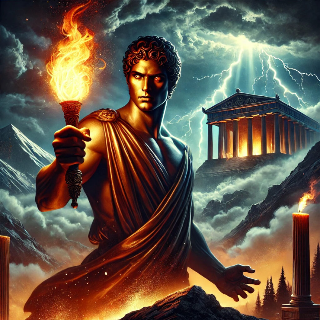 Representación de Prometeo, un poderoso titán de la mitología griega. Se encuentra en una montaña alta, robando el fuego a los dioses.