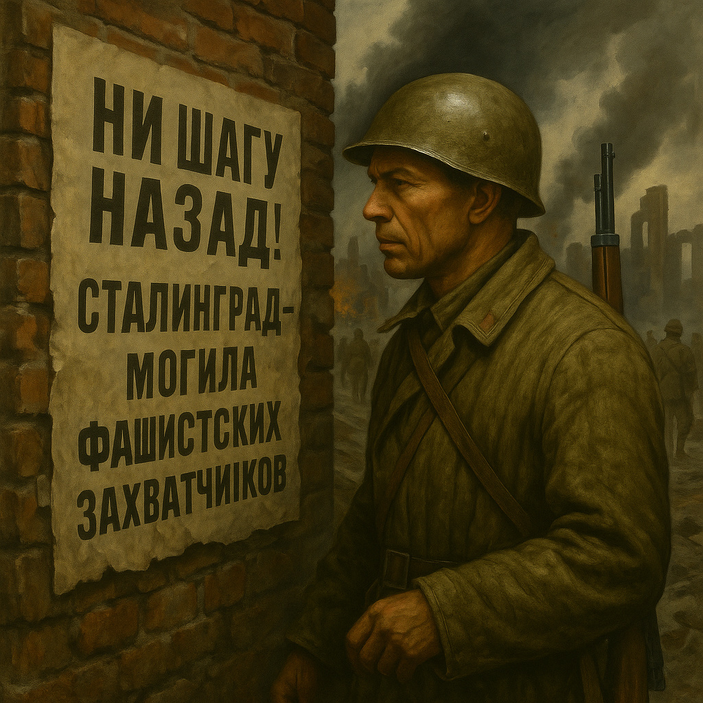 Soldado soviético observa un cartel de propaganda en ruso durante la Batalla de Stalingrado.