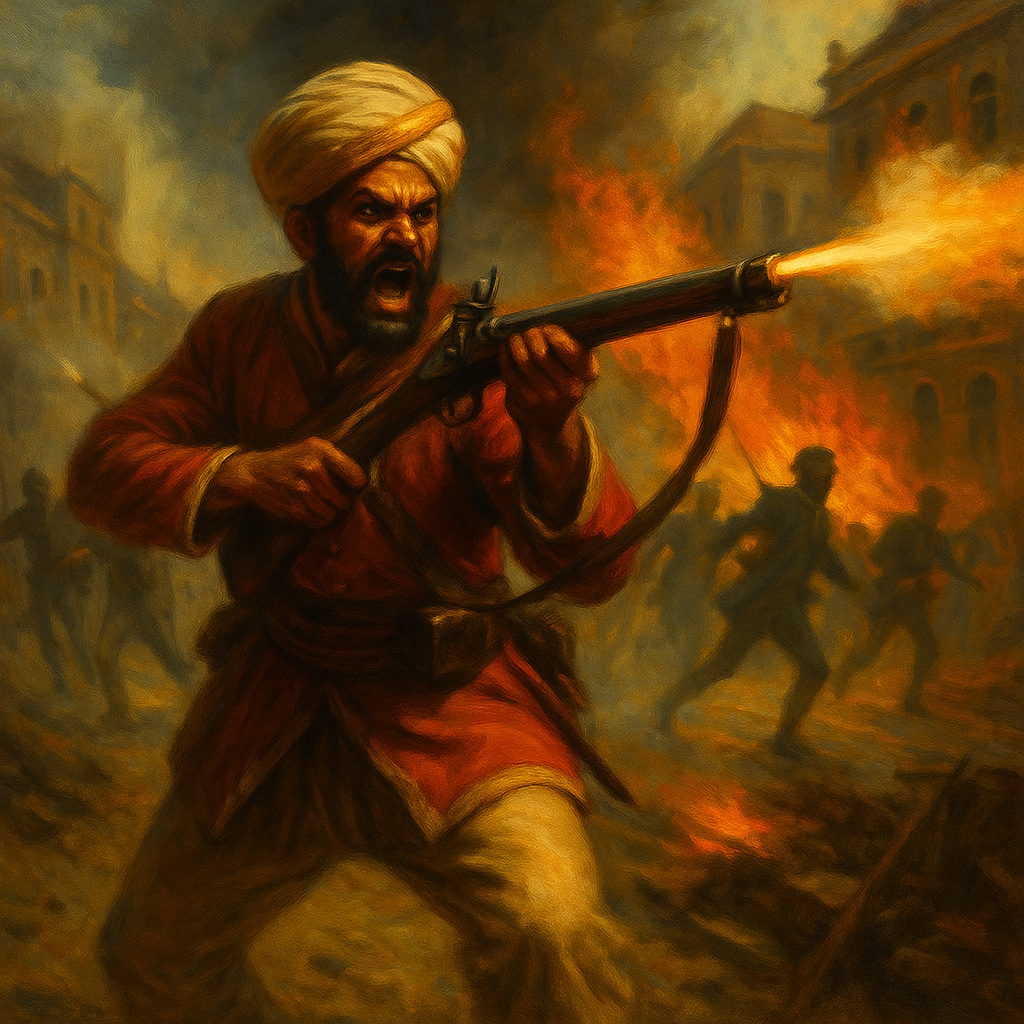 Soldado cipayo indio luchando con rabia durante la Rebelión de 1857 contra el Imperio Británico.
