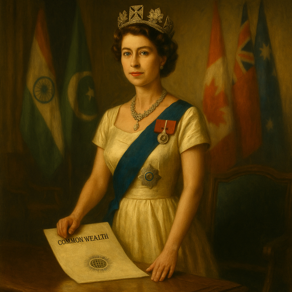 Retrato de la Reina Isabel II en los años 50, representada en un óleo realista durante la Declaración de Londres de 1949, que dio origen a la Mancomunidad Británica de Naciones.