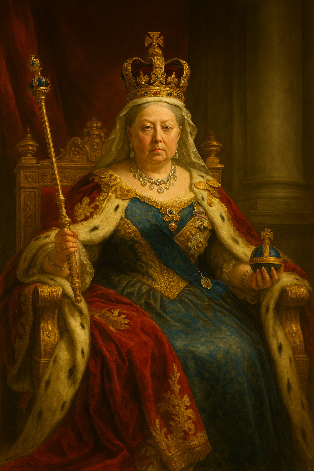 Retrato imperial de la Reina Victoria I, vestida con atuendo real adornado, simbolizando el auge del Imperio Británico durante la Era Victoriana.