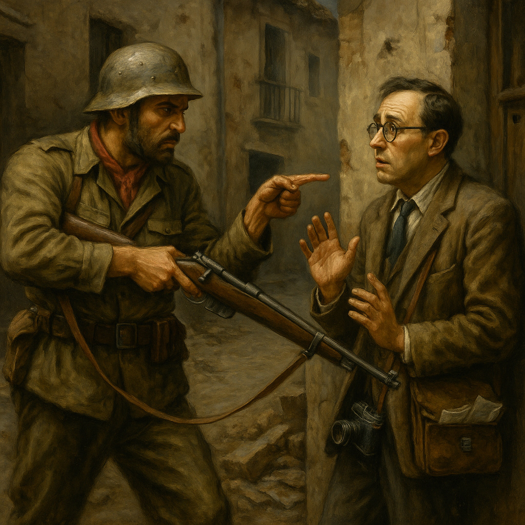 Rebelde de la Guerra Civil Española apuntando con un fusil a un reportero en un callejón en ruinas, mientras lo señala acusadoramente. La escena refleja la represión y el silenciamiento de la prensa en la retaguardia.