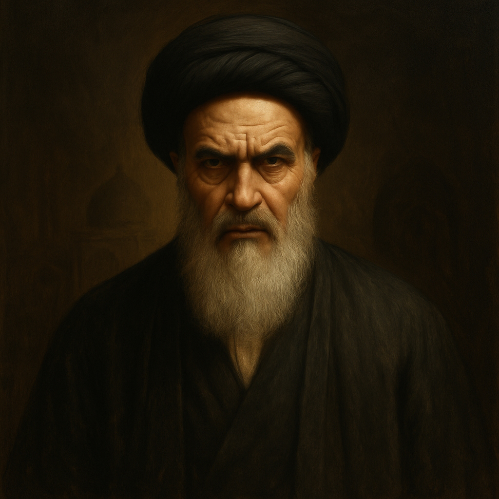 Retrato realista del ayatolá chiita fundador de la República Islámica de Irán, con turbante negro y barba blanca, representando el liderazgo teocrático tras la Revolución de 1979