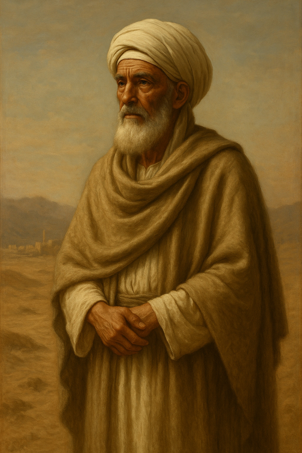 Pintura al óleo realista de Abu Bakr, primer califa ortodoxo, con túnica blanca, turbante tradicional y mirada serena, representando su papel como sucesor de Mahoma.