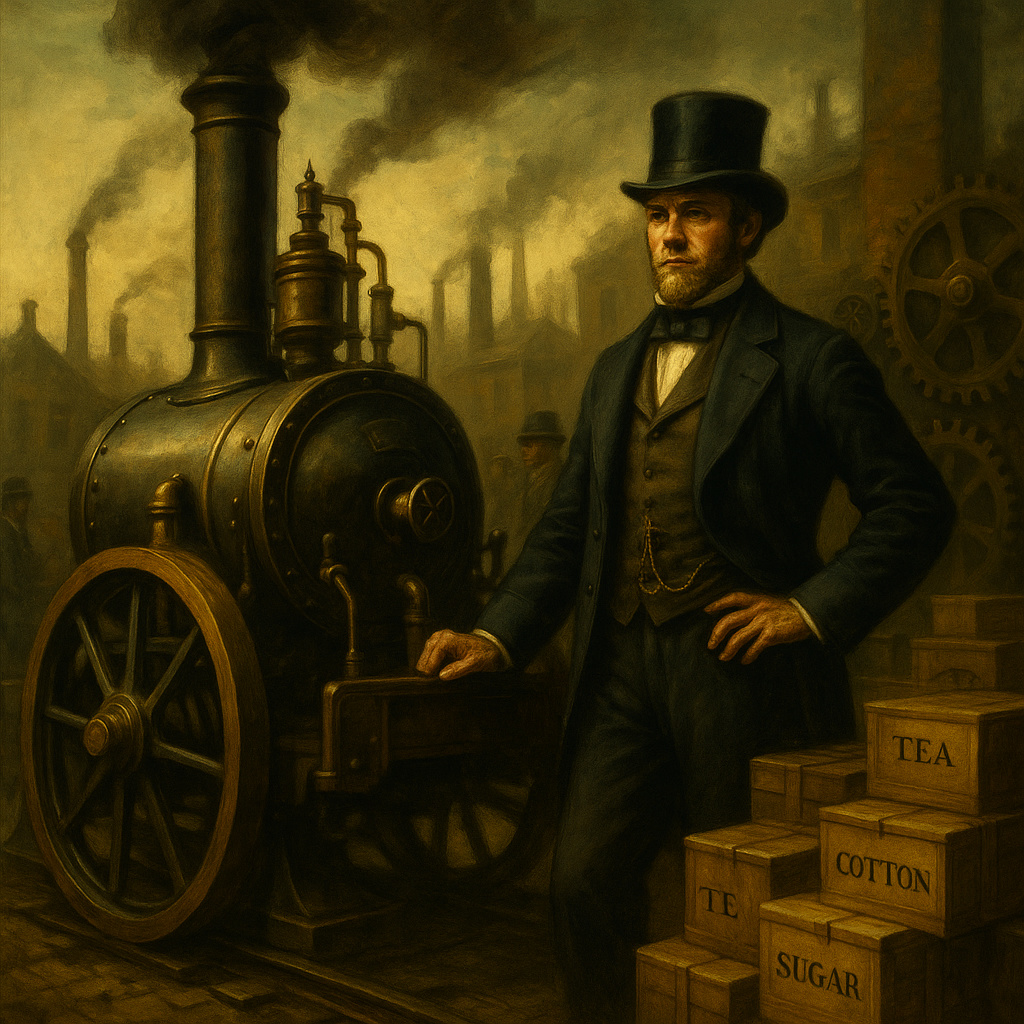 Pintura al óleo de una fábrica británica del siglo XIX con chimeneas humeantes procesando productos, representando la Revolución Industrial y la expansión comercial del Imperio Británico.