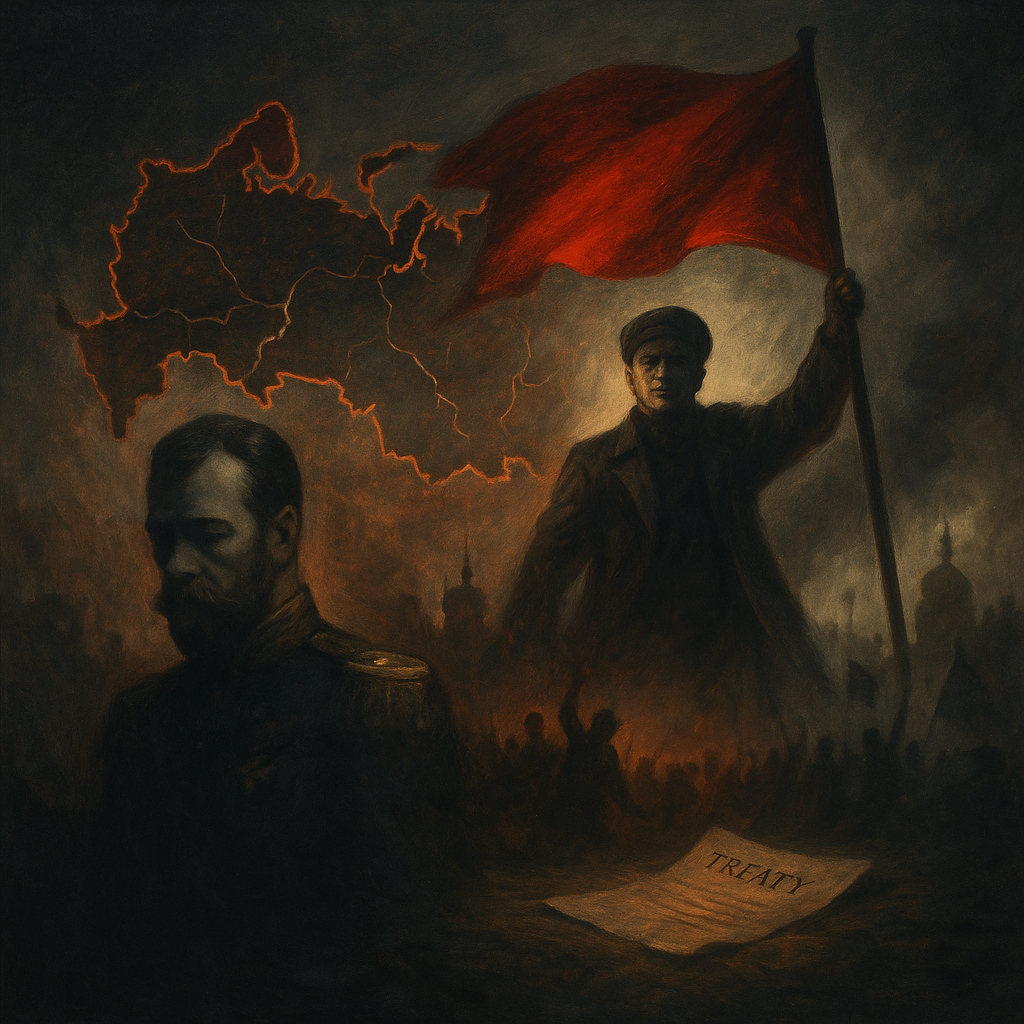 Representación simbólica de la Revolución rusa, caída del zar Nicolás II y firma del Tratado de Brest-Litovsk durante la Primera Guerra Mundial