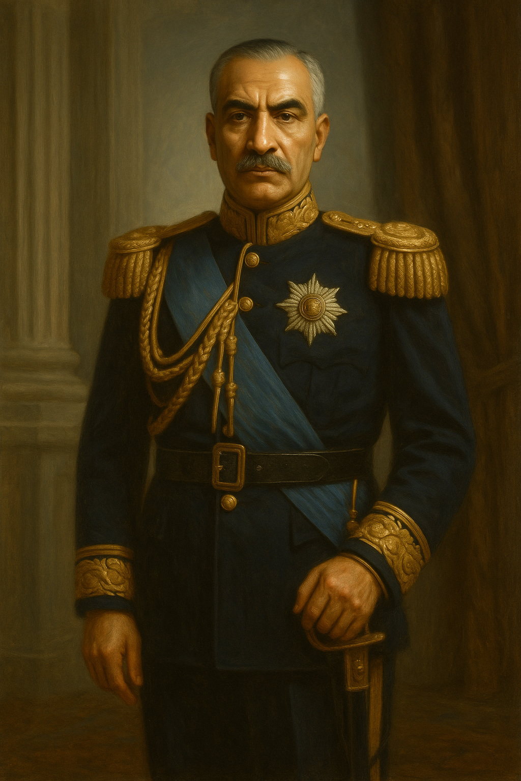Retrato al óleo hiperrealista de Reza Shah Pahlaví, primer monarca de la dinastía Pahlaví en Irán, vestido con uniforme militar azul oscuro y detalles dorados.