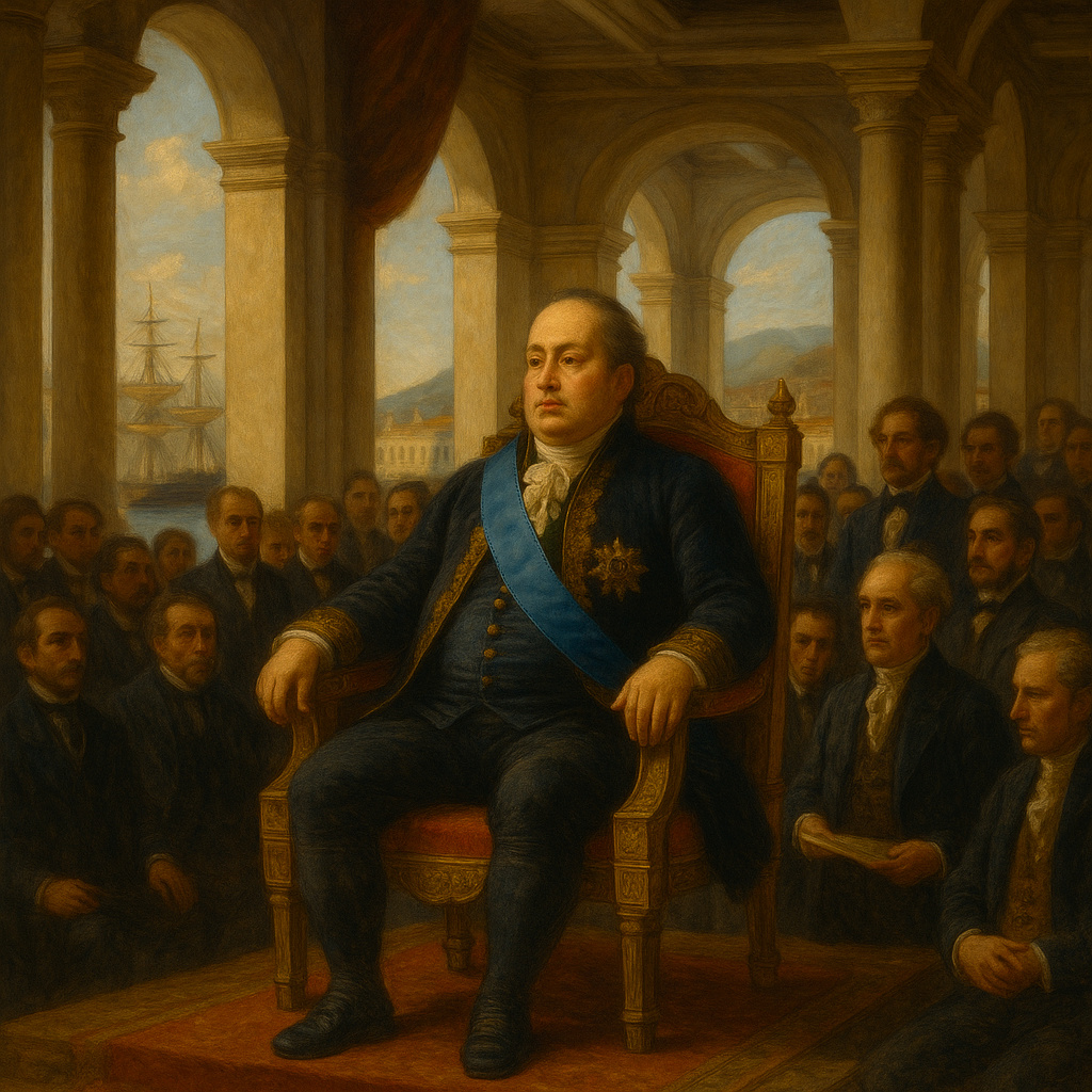 Don João VI y la corte portuguesa instalados en Río de Janeiro en 1808, con la ciudad colonial y barcos en el puerto.