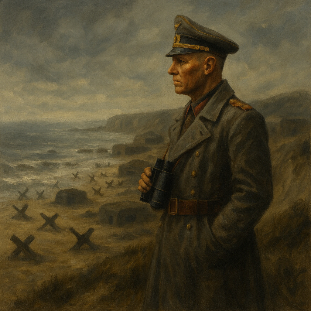 Rommel observa las fortificaciones del Muro Atlántico desde un acantilado de Normandía, rodeado de búnkeres y artillería costera.