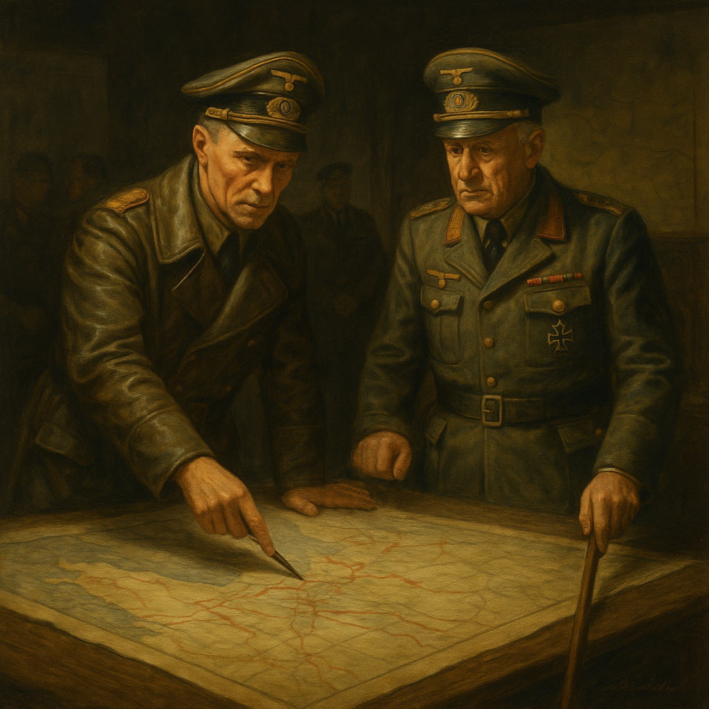 Rommel y Von Rundstedt discuten estrategias frente a un mapa militar durante la planificación del Muro Atlántico.