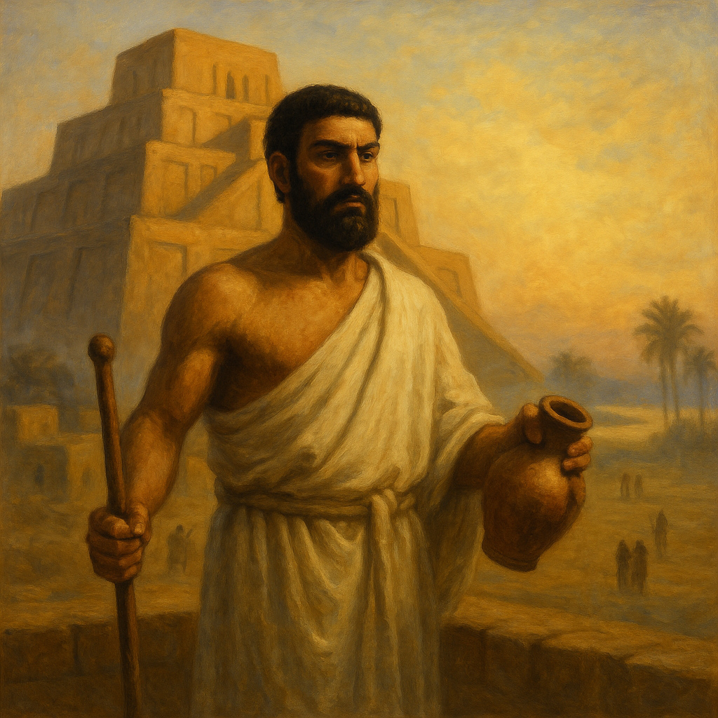 Sacerdote sumerio frente al templo de Eridu durante el amanecer, con fondo de casas de adobe, canales y figuras humanas difusas, representando el origen de la civilización en Mesopotamia.